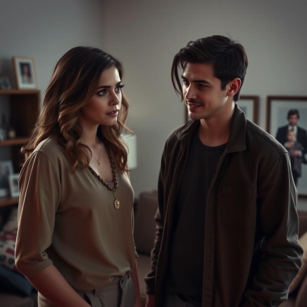 A dramatic and emotionally charged scene featuring a woman in her thirties, looking conflicted as she gazes at her younger sister's boyfriend
