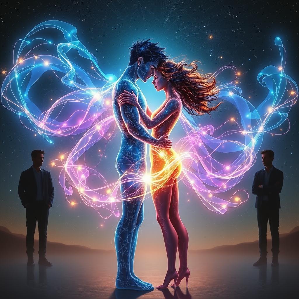 A mesmerizing sci-fi romance artwork featuring two abstract light beings, a male and a female, intertwined in a beautiful embrace, glowing with vibrant hues of blue, purple, and gold