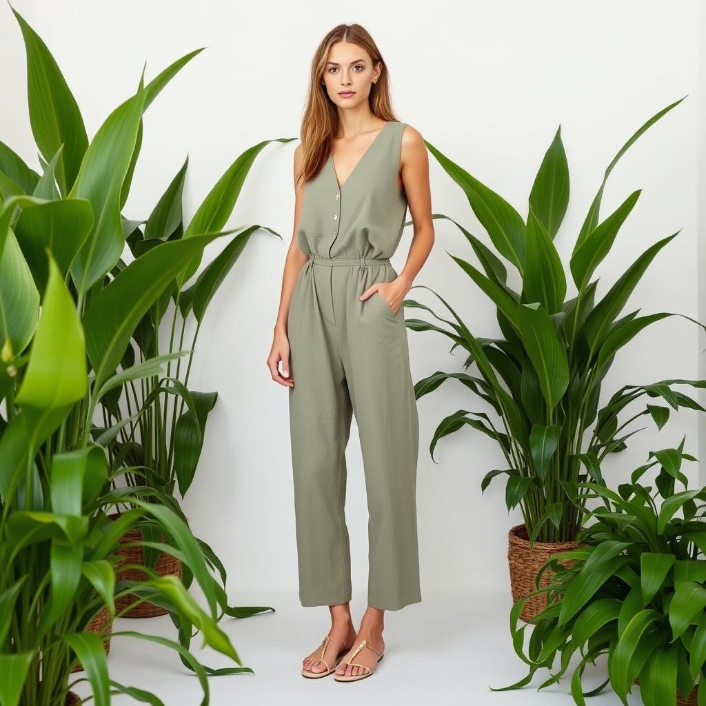 In a white-washed studio, an adult model stands surrounded by tall green plants, showcasing a serene and earthy atmosphere