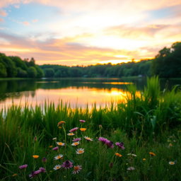 A stunning photograph of a tranquil lake surrounded by lush greenery, reflecting the soft colors of a vibrant sunset sky filled with hues of orange, pink, and purple