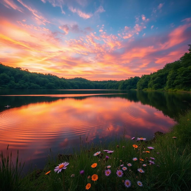 A stunning photograph of a tranquil lake surrounded by lush greenery, reflecting the soft colors of a vibrant sunset sky filled with hues of orange, pink, and purple