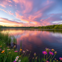 A stunning photograph of a tranquil lake surrounded by lush greenery, reflecting the soft colors of a vibrant sunset sky filled with hues of orange, pink, and purple