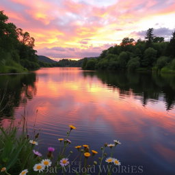 A stunning photograph of a tranquil lake surrounded by lush greenery, reflecting the soft colors of a vibrant sunset sky filled with hues of orange, pink, and purple