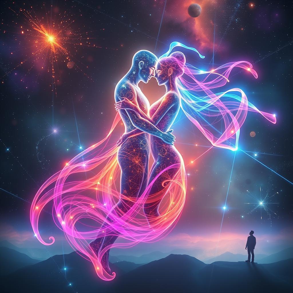 A visually stunning sci-fi abstract artwork showcasing two light beings, a male and a female, entwined in a radiant embrace, their forms glowing with vibrant colors and intricate patterns of energy