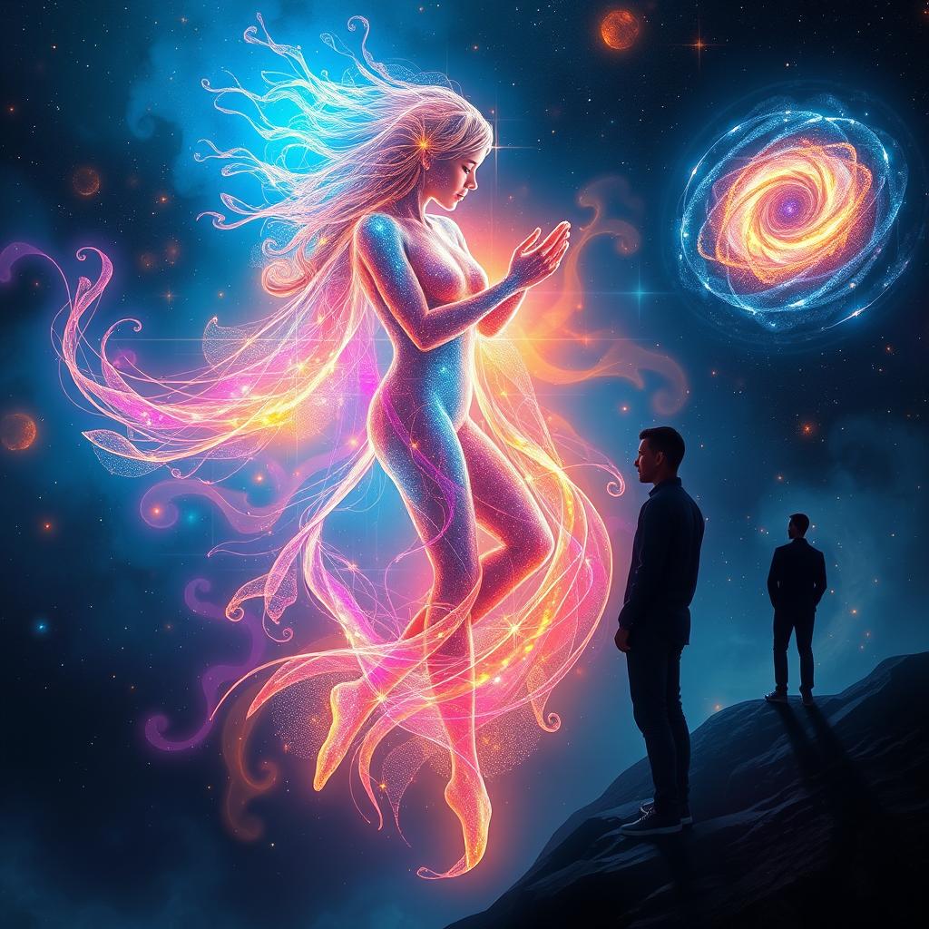 A stunning sci-fi abstract artwork depicting two light beings, a male and a female, engaged in a tender embrace, radiating vibrant colors and intricate light patterns that pulse with energy