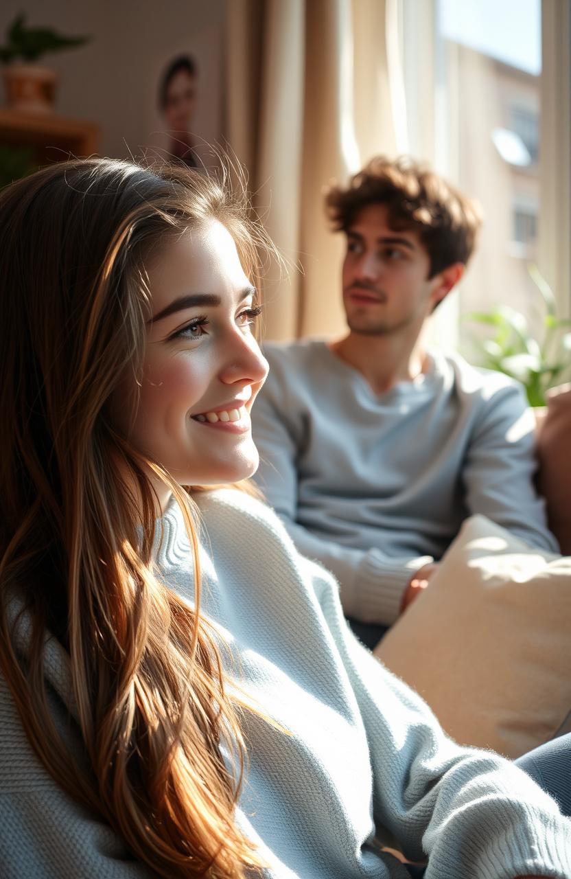 A heartfelt scene of a young woman with a warm, caring expression, sitting in a cozy living room