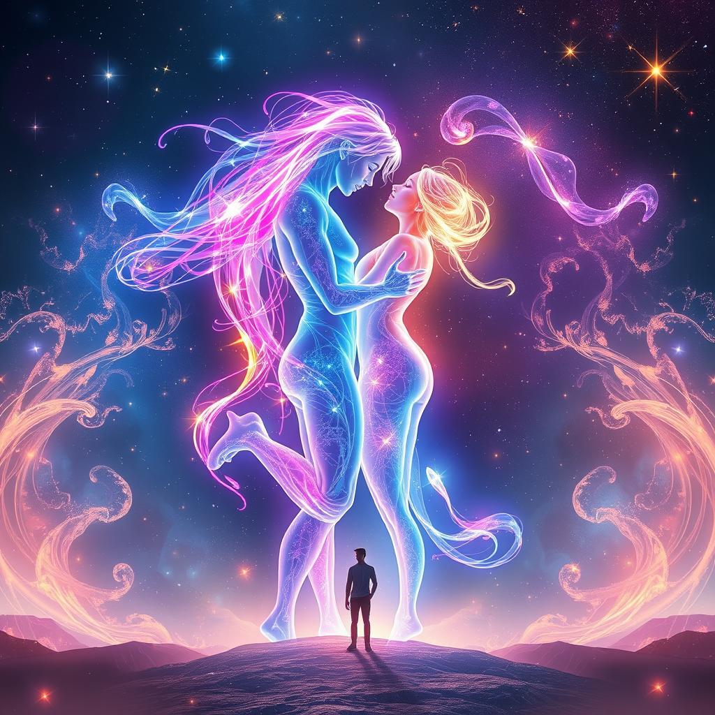 A captivating sci-fi romance abstract image that features two luminous light beings, a male and a female, locked in a tender embrace, their forms radiating brilliant hues of blue, pink, and gold