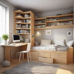 A cozy style small-sized bedroom with a medium-sized bed, a study table, two distinct floor bookshelves, and two closets, all arranged to maximize space and comfort.