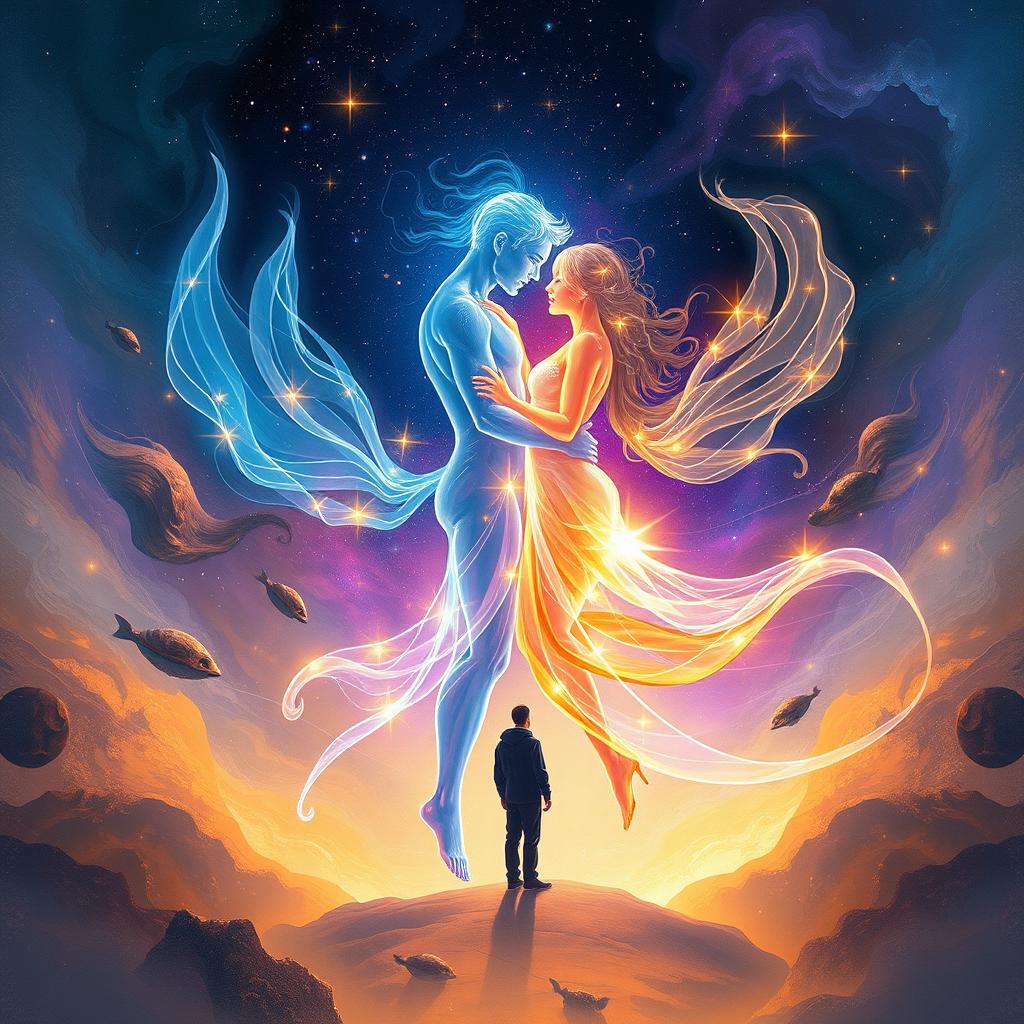 An evocative sci-fi abstract illustration featuring two ethereal light beings, a male and a female, who are intertwined in a graceful pose, emitting radiant colors of blue, gold, and violet