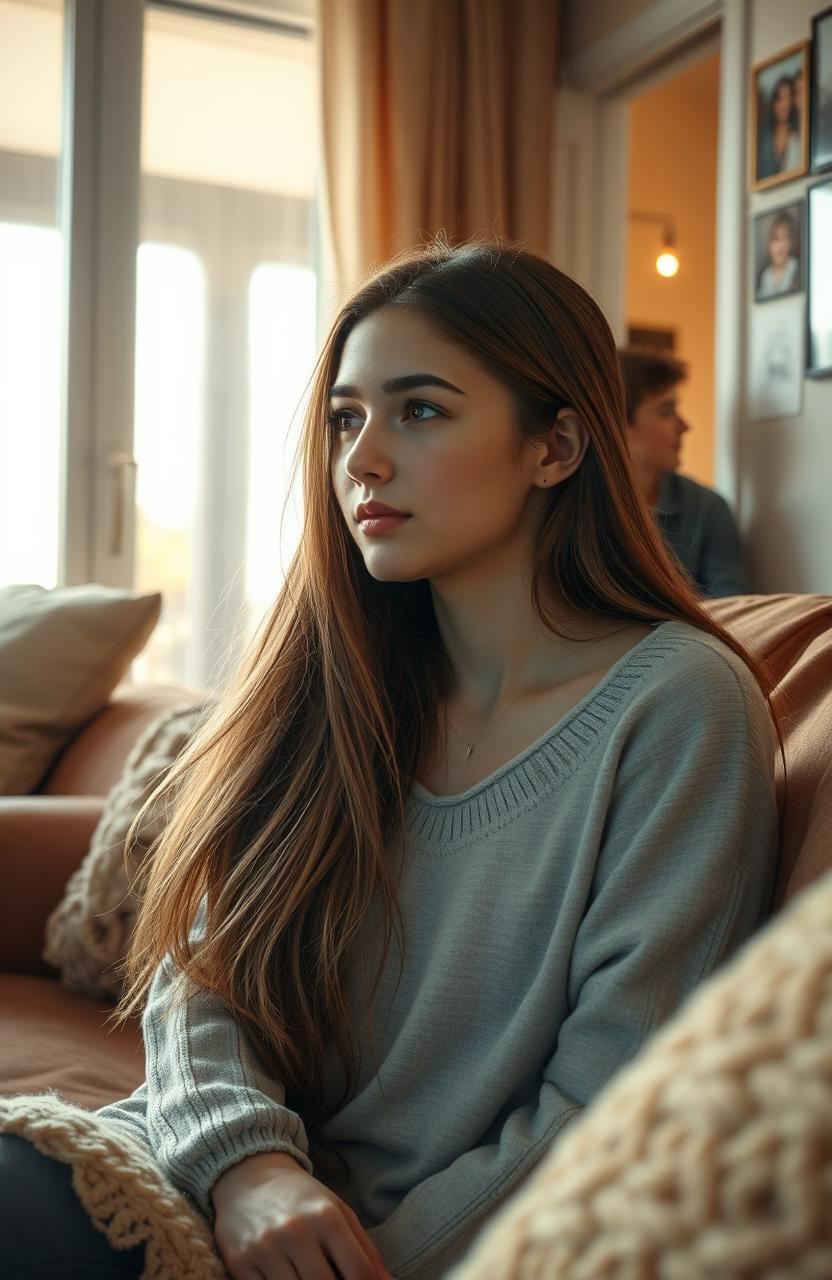A beautiful girl in her late teens with long, flowing hair, sitting on a cozy couch in a warmly lit living room