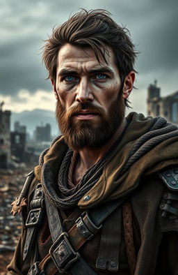 A stunning portrait of a male character in a rugged, post-apocalyptic setting, reflecting on his journey through desolation and survival