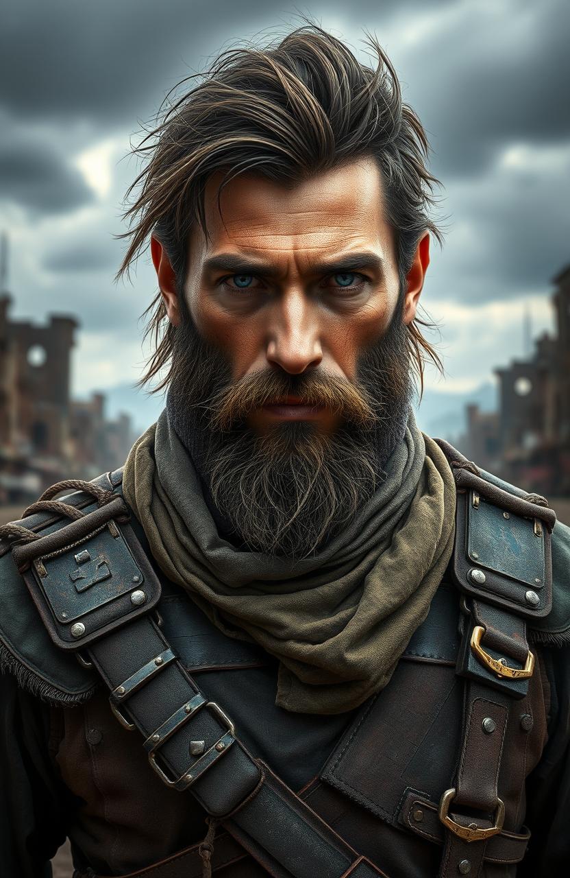 A stunning portrait of a male character in a rugged, post-apocalyptic setting, reflecting on his journey through desolation and survival