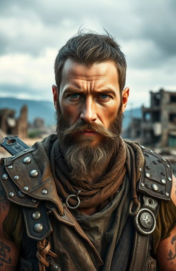 A stunning portrait of a male character in a rugged, post-apocalyptic setting, reflecting on his journey through desolation and survival