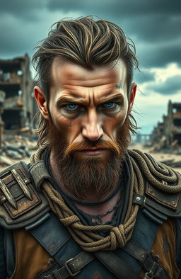 A stunning portrait of a male character in a rugged, post-apocalyptic setting, reflecting on his journey through desolation and survival