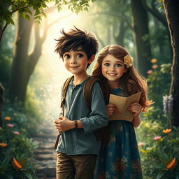 A captivating scene depicting a boy and a girl on a journey through a mystical forest, symbolizing the theme of connection and adventure