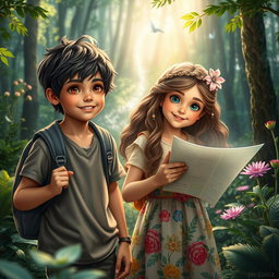 A captivating scene depicting a boy and a girl on a journey through a mystical forest, symbolizing the theme of connection and adventure