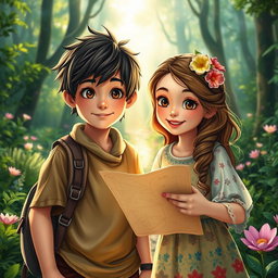 A captivating scene depicting a boy and a girl on a journey through a mystical forest, symbolizing the theme of connection and adventure