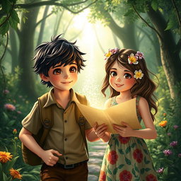 A captivating scene depicting a boy and a girl on a journey through a mystical forest, symbolizing the theme of connection and adventure