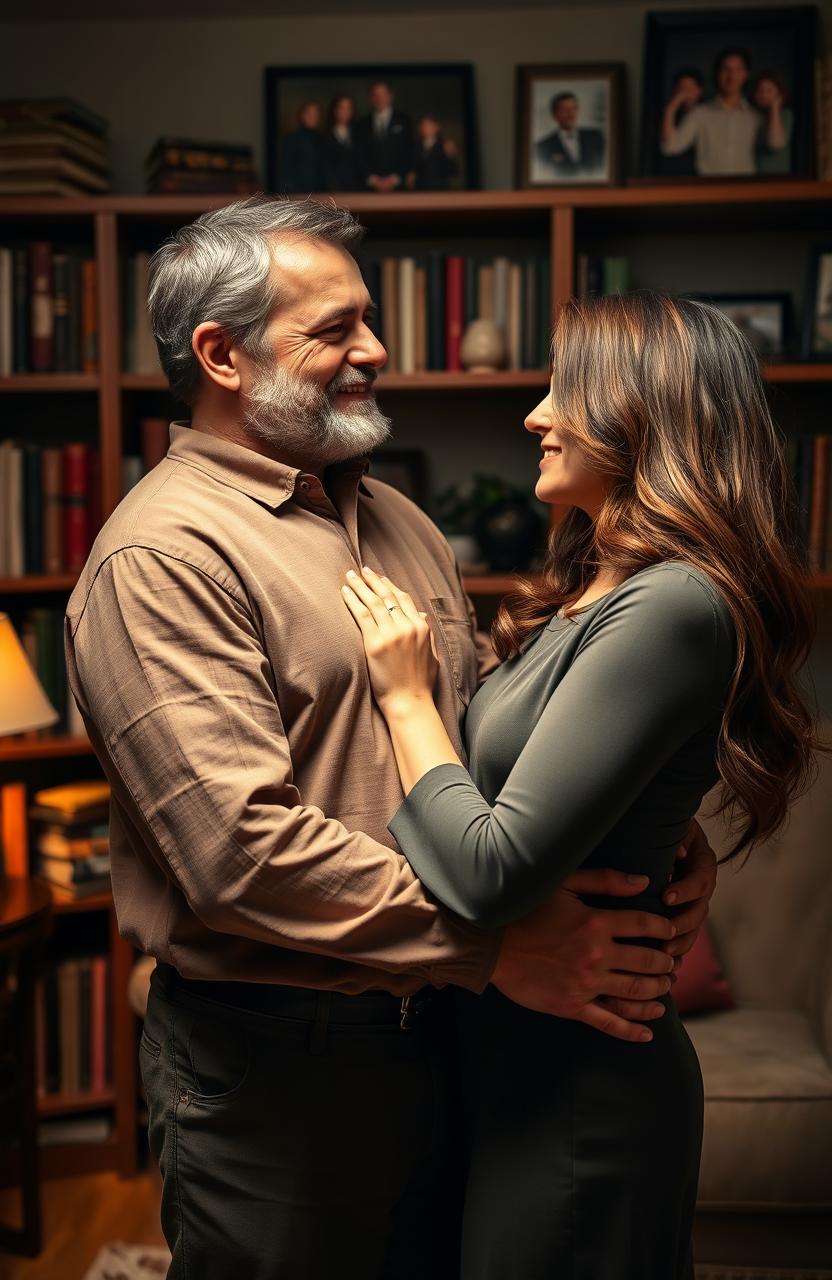 A mature man in his late 30s with a rugged appearance, deep brown eyes, and a gentle smile, standing in a cozy living room with warm lighting