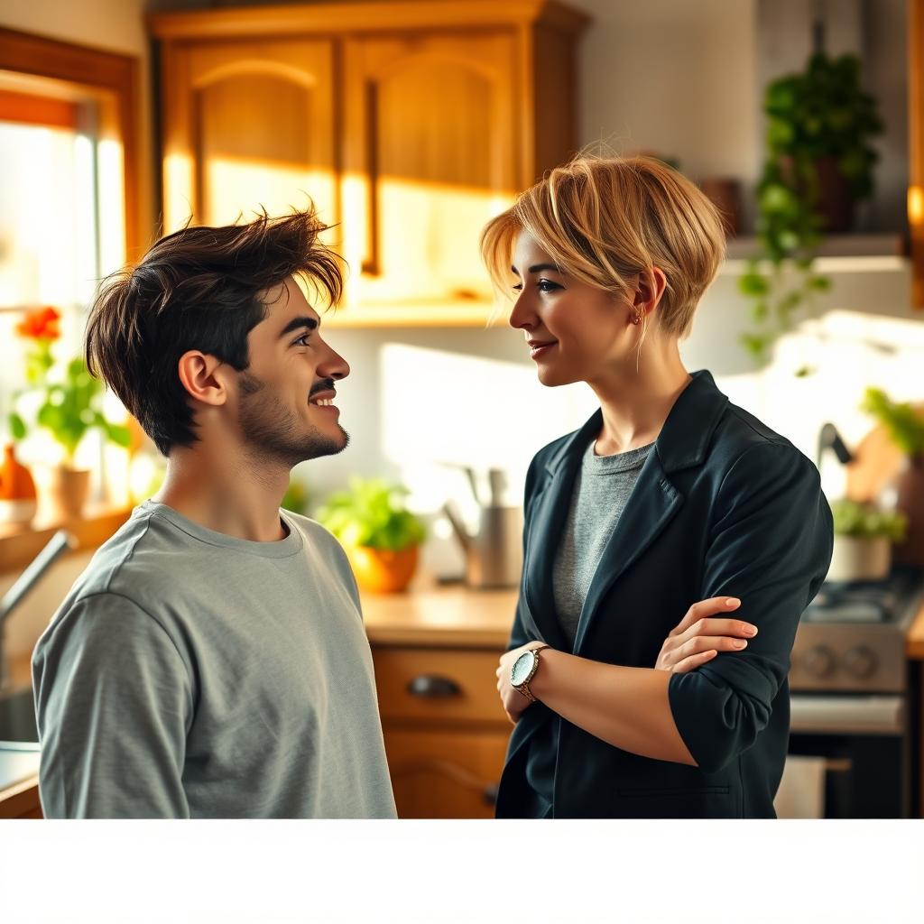 A young man in his mid-20s with a friendly demeanor and tousled dark hair, standing in a cozy kitchen with a bright, cheerful atmosphere