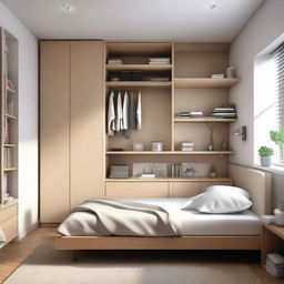 A cozy style small-sized bedroom with a medium-sized bed, a study table, two distinct floor bookshelves, and two closets, all arranged to maximize space and comfort.