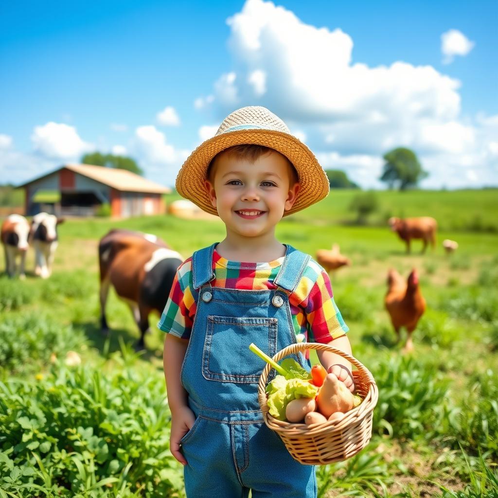 A cute boy wearing a colorful farm outfit, including denim overalls and a straw hat, standing in a sunny farmyard surrounded by green fields