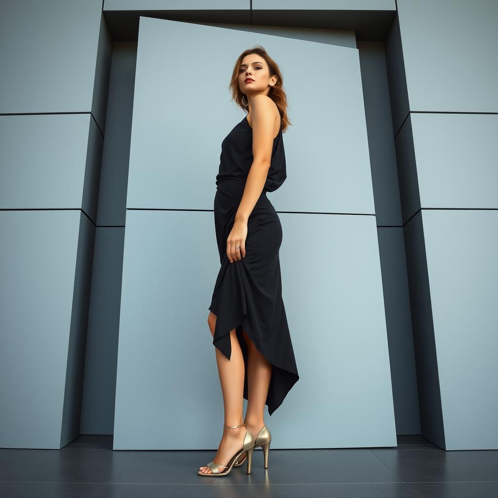 An adult model poses confidently against a sleek, geometric backdrop of layered gray panels, dressed in a modern asymmetrical dress that elegantly drapes and flows