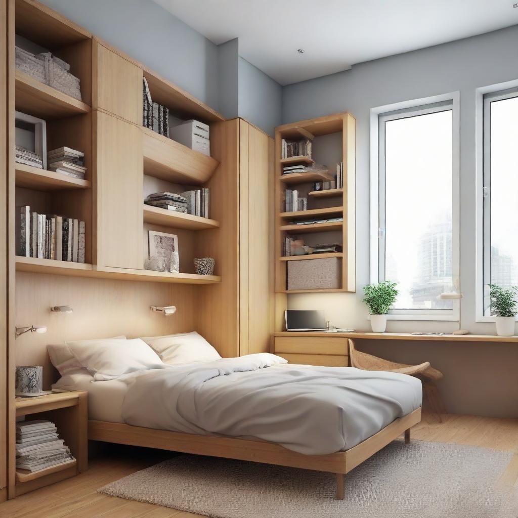 A cozy style small-sized bedroom with a medium-sized bed, a study table, two distinct floor bookshelves, and two closets, all arranged to maximize space and comfort.