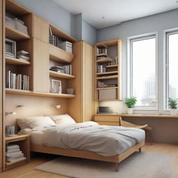 A cozy style small-sized bedroom with a medium-sized bed, a study table, two distinct floor bookshelves, and two closets, all arranged to maximize space and comfort.