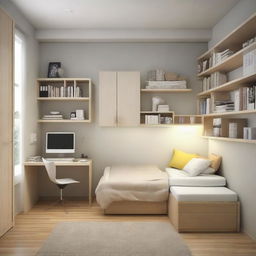 A cozy style small-sized bedroom with a medium-sized bed, a study table, two distinct floor bookshelves, and two closets, all arranged to maximize space and comfort.