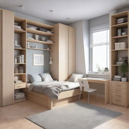 A cozy style small-sized bedroom including a medium-sized bed, a study table, a standing fan, two unique floor bookshelves, and two closets, arranged to perfection.