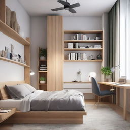 A cozy style small-sized bedroom including a medium-sized bed, a study table, a standing fan, two unique floor bookshelves, and two closets, arranged to perfection.