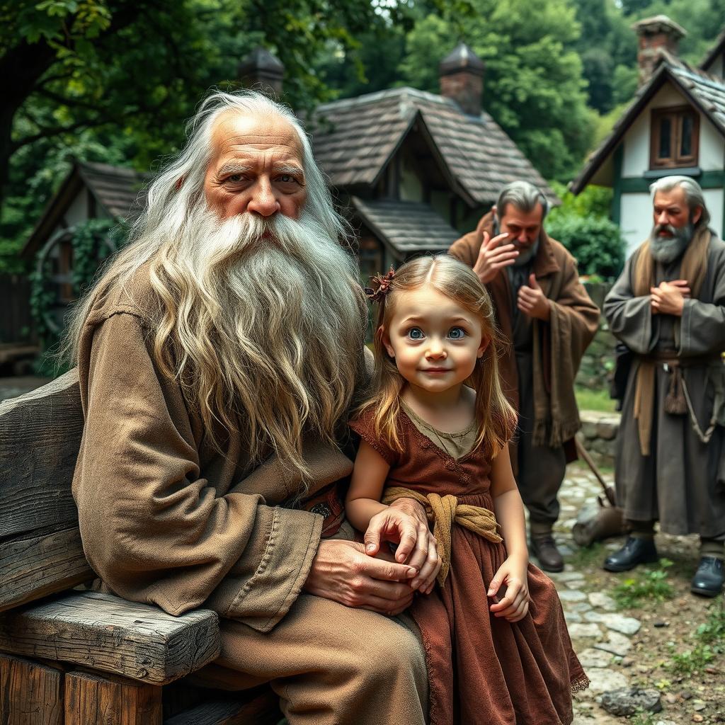 An old villager with a long, flowing white beard, dressed in worn but dignified clothing, sits on a rustic wooden bench in a quaint village setting