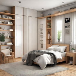 A cozy style small-sized bedroom including a medium-sized bed, a study table, a standing fan, two unique floor bookshelves, and two closets, arranged to perfection.