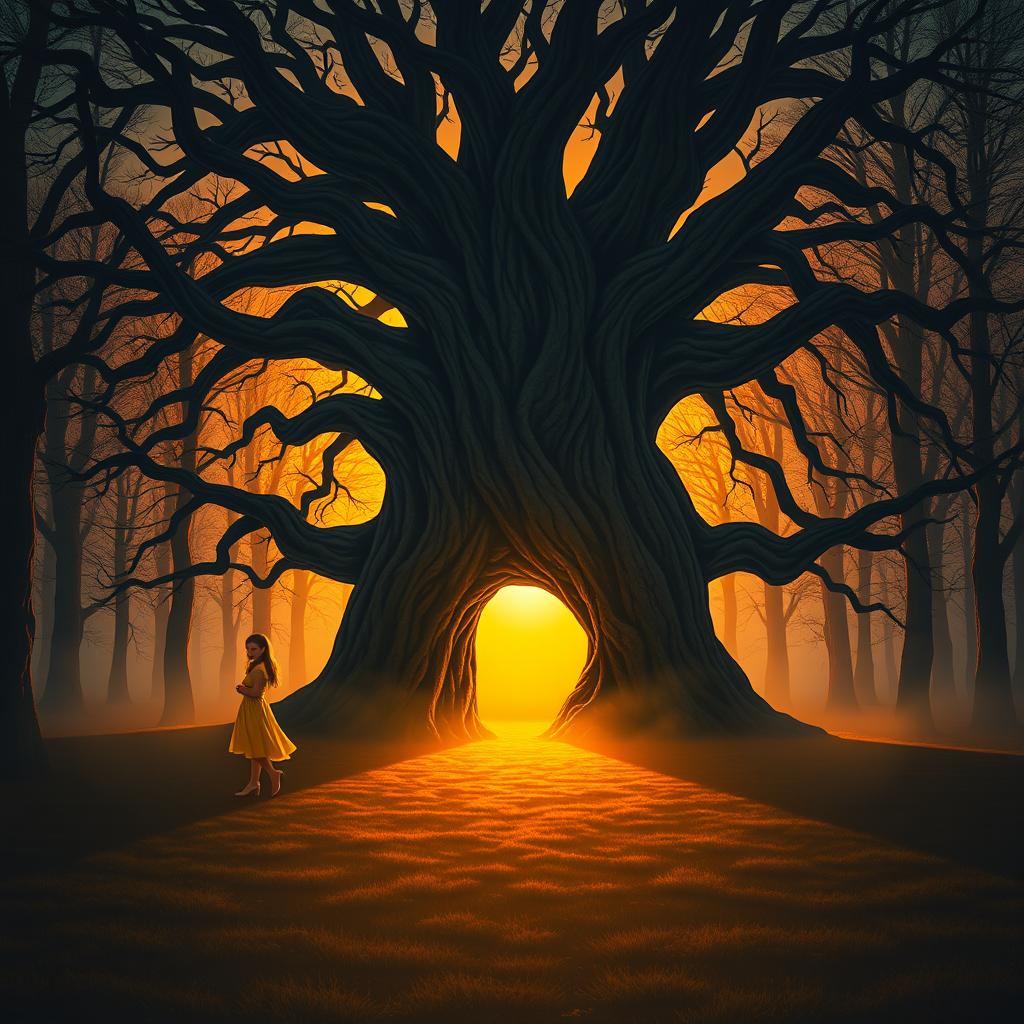 A huge, ancient oak tree with twisted branches stands majestically at the entrance to a deep, mysterious forest