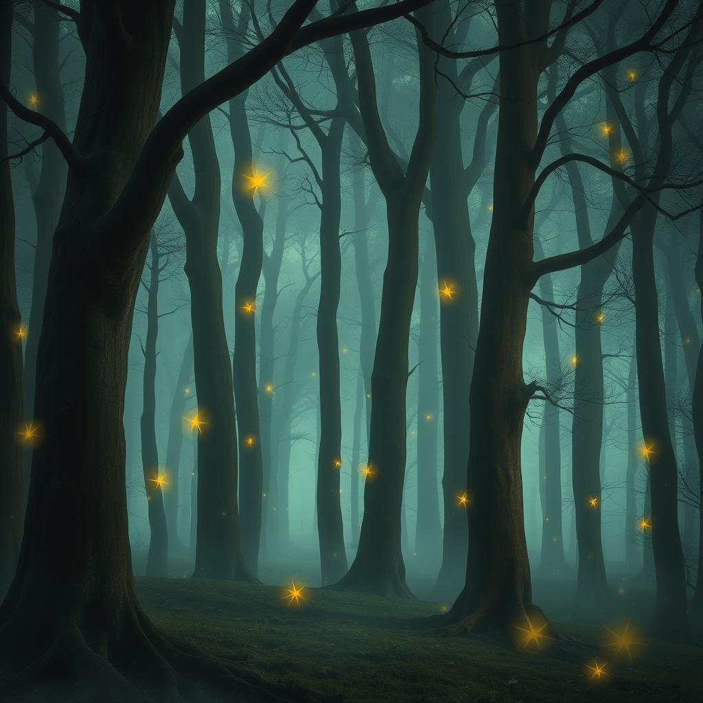 A mystical forest with tall, mysterious trees featuring thick trunks closely standing together
