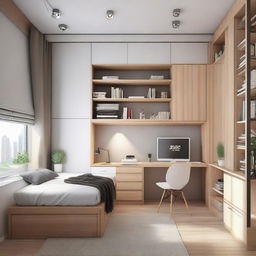 A cozy style small-sized bedroom including a medium-sized bed, a study table, a standing fan, two unique floor bookshelves, and two closets, arranged to perfection.