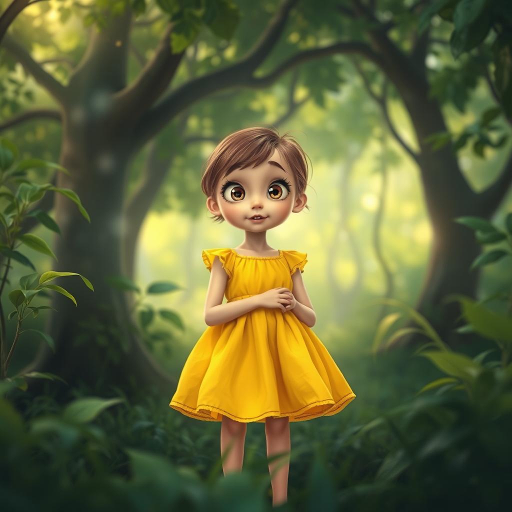 A girl named Lily wearing a bright yellow dress stands still with wide, curious eyes, looking around in wonder as soft voices echo mysteriously from the trees in a lush, serene forest