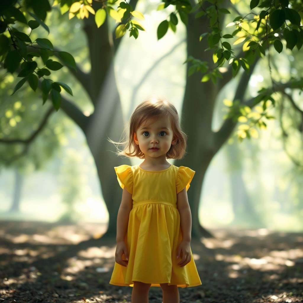 A young girl named Lily wearing a bright yellow dress stands still, her wide eyes looking around with a mixture of curiosity and slight fear