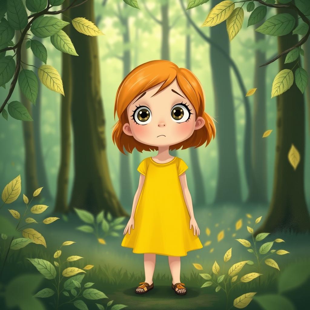 A young girl named Lily wearing a bright yellow dress stands still in a tranquil forest