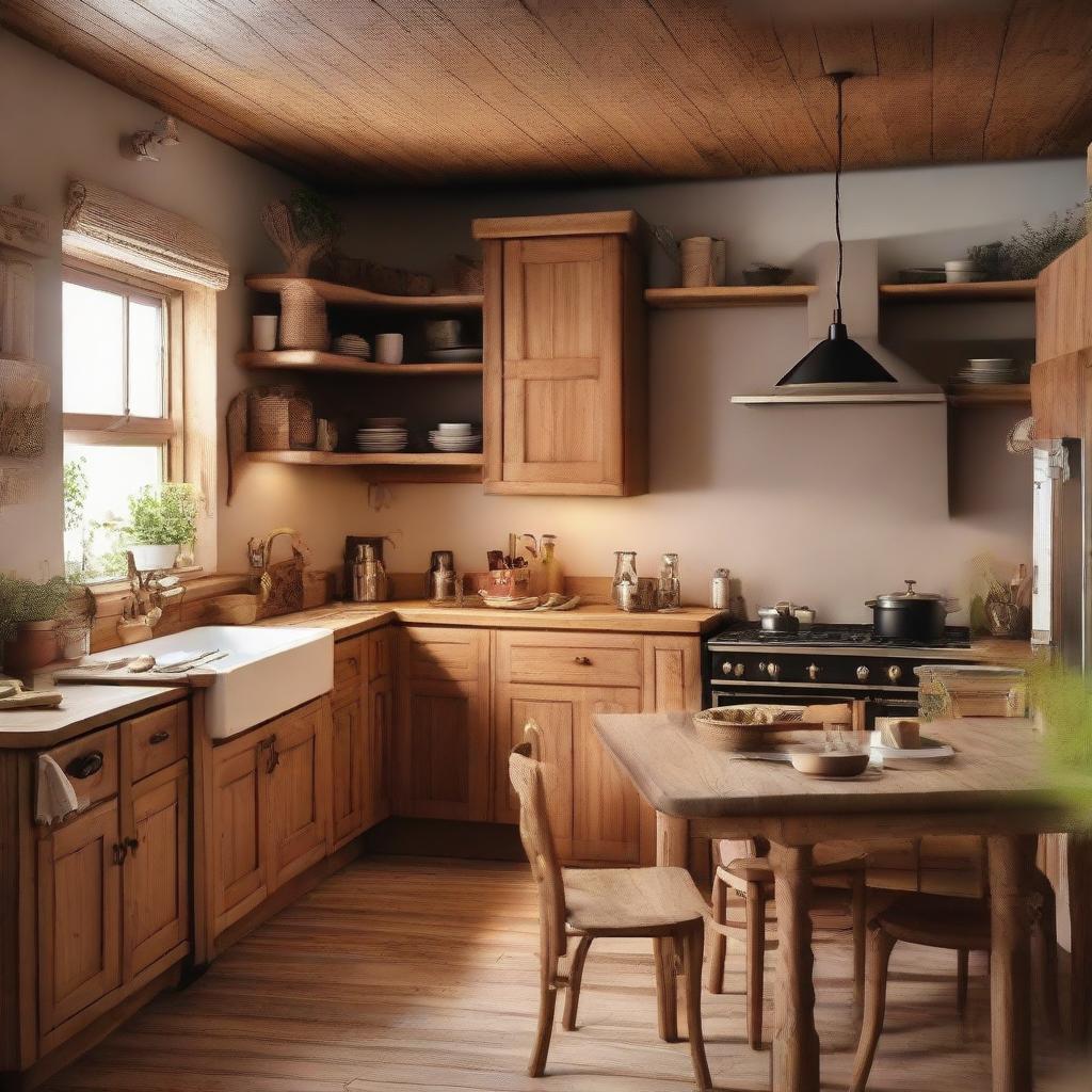 Warm and cozy kitchen with wooden cabinets, a rustic dining table, soft ambient lighting, and various cooking utensils.