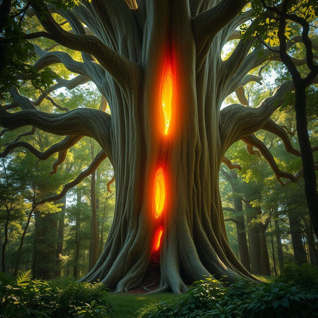 In the center of a dense, enchanted forest, an enormous ancient tree stands majestically