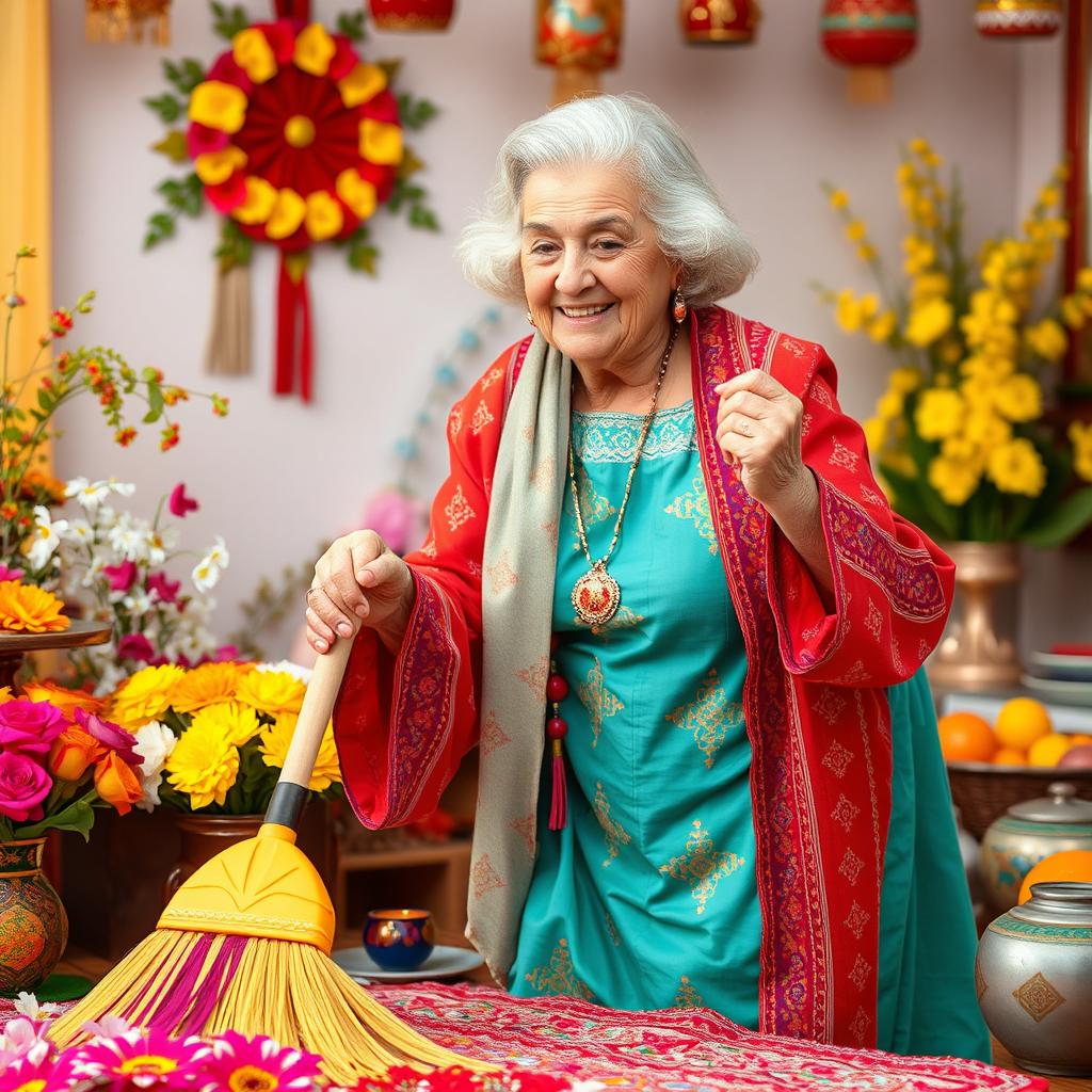 A loving grandmother, dressed in traditional Persian attire, joyfully sweeping the colorful elements of Nowruz, surrounded by vibrant decorations like Haft-Seen table, blooming flowers, and festive items representing the Persian New Year