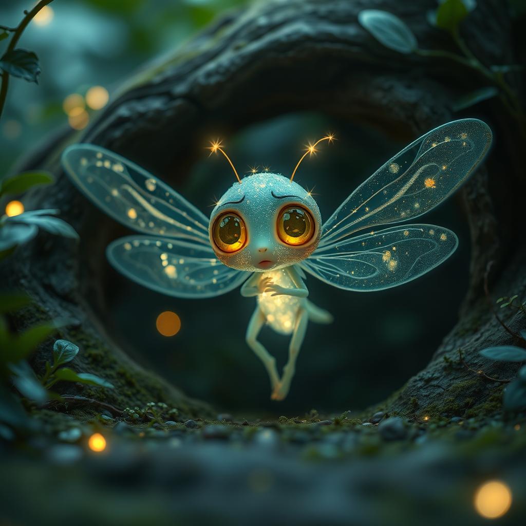 A tiny, glowing fairy-like creature with delicate dragonfly wings, emerging slowly from a hollow in a mystical forest