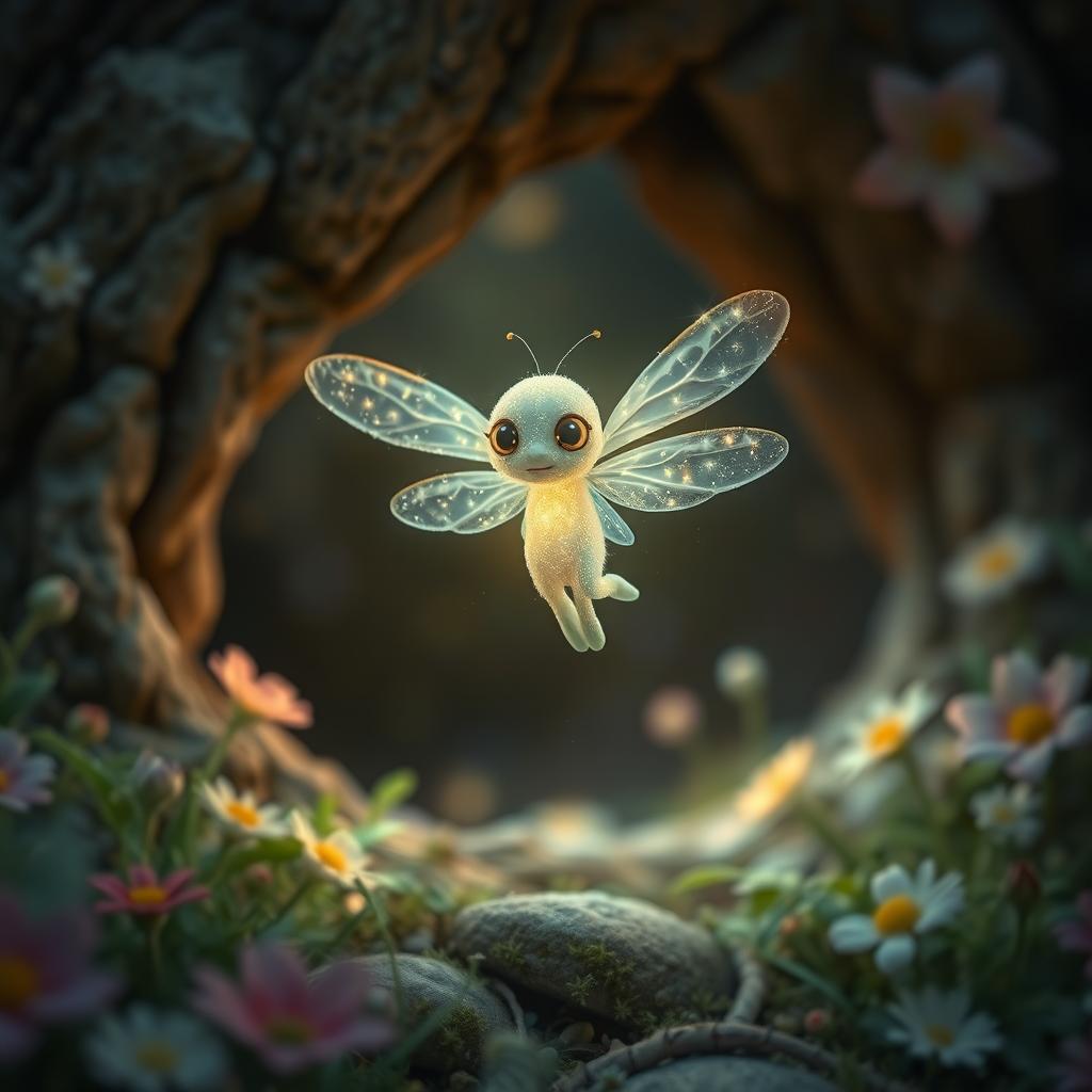 A tiny, glowing fairy-like creature with delicate dragonfly wings slowly emerging from a mystical hollow