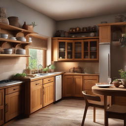 Warm and cozy kitchen with wooden cabinets, a rustic dining table, soft ambient lighting, and various cooking utensils.