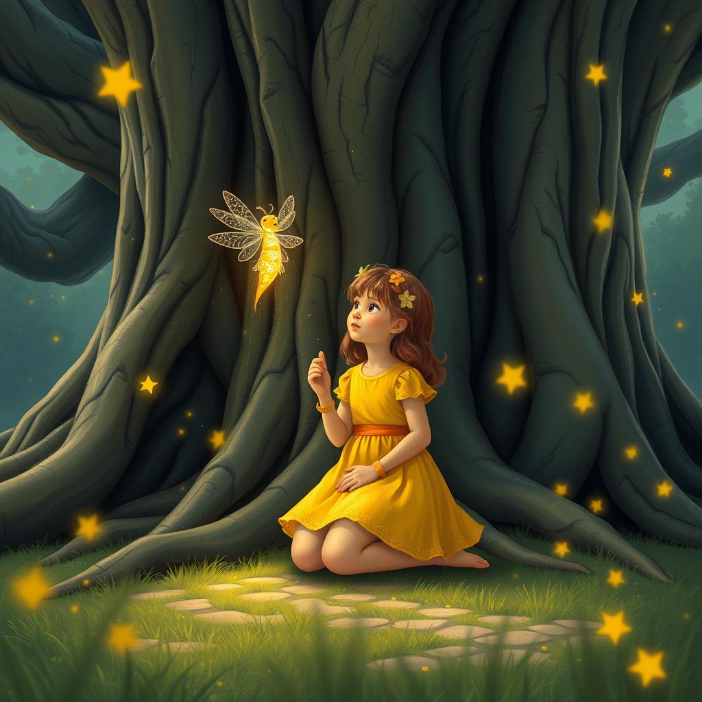 A scene depicting a young girl named Lily wearing a vibrant yellow dress, kneeling in front of an ancient, majestic tree