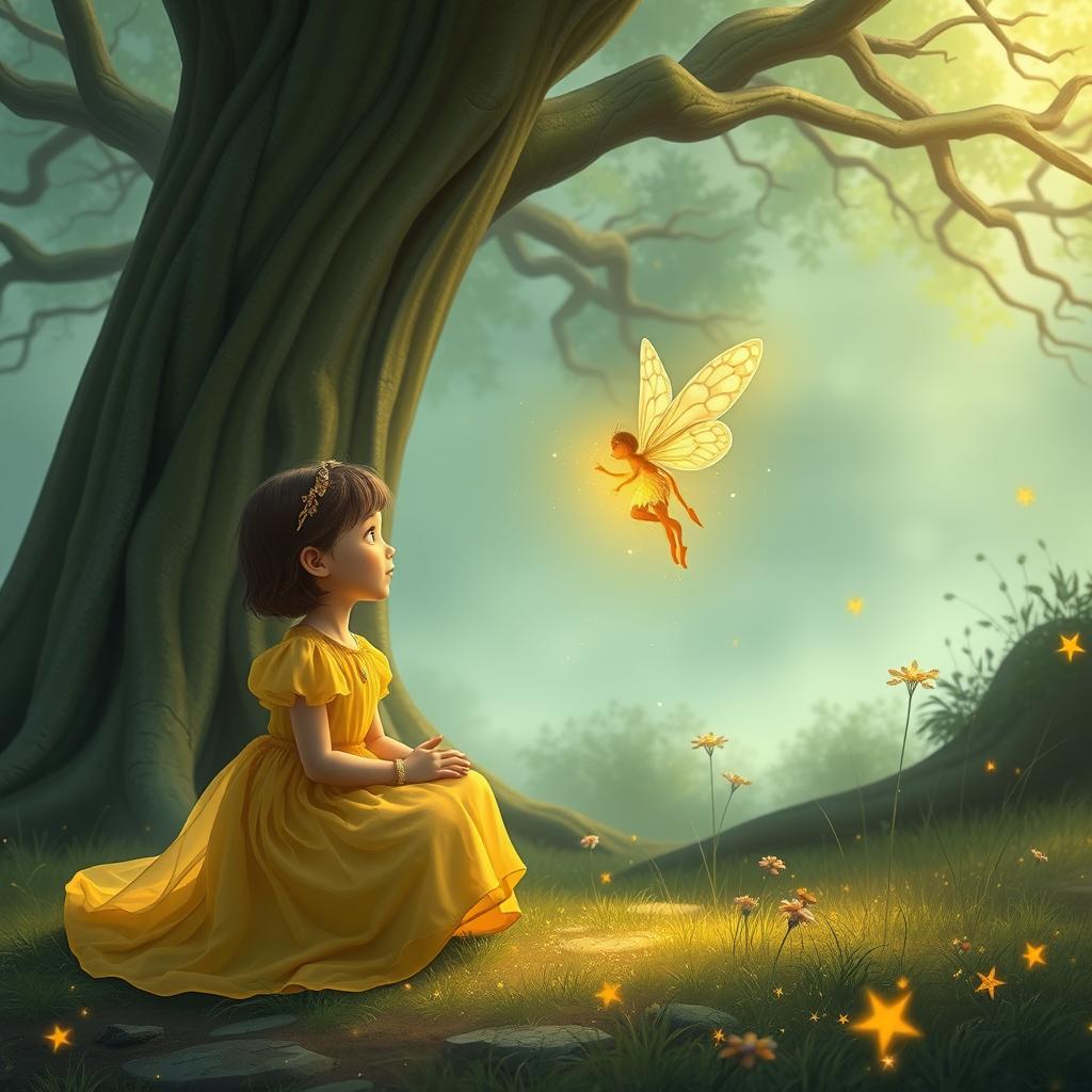 A serene and enchanting scene depicting Lily, a young girl wearing a flowing yellow dress, kneeling in front of a majestic ancient tree