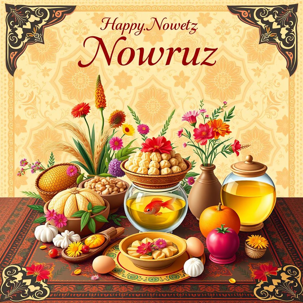 A vibrant Nowruz poster featuring intricate Haft Sin carpet patterns as the background