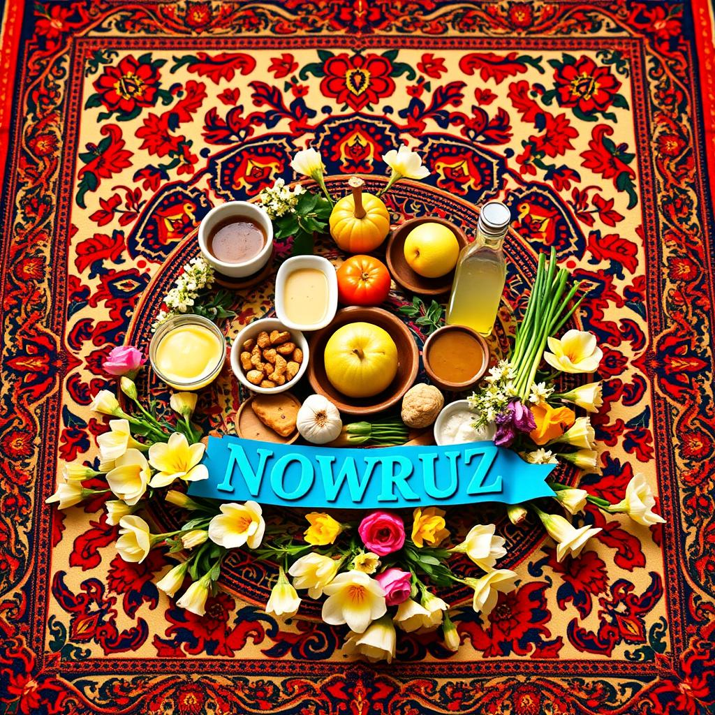 A vibrant spring-themed poster celebrating Nowruz, set on a beautifully patterned Persian carpet with intricate designs